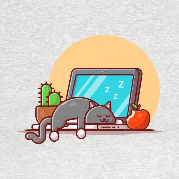 Cute Cat Sleeping On Laptop With Apple And Cactus Cartoon Vector Icon Illustration by Catalyst Labs